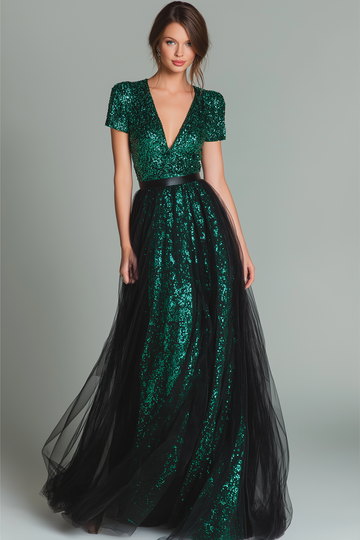 Sparkly Dark Green V-Neck Sequin A Line Long Formal Dress with Sleeves